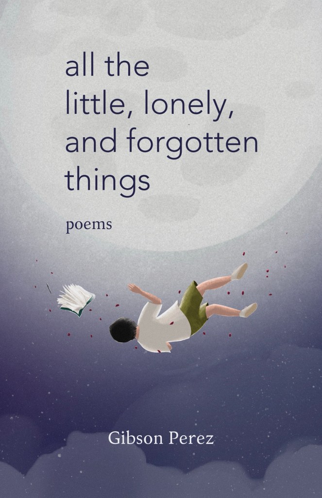 A boy floating in outer space, facing a large moon, his back at the camera,